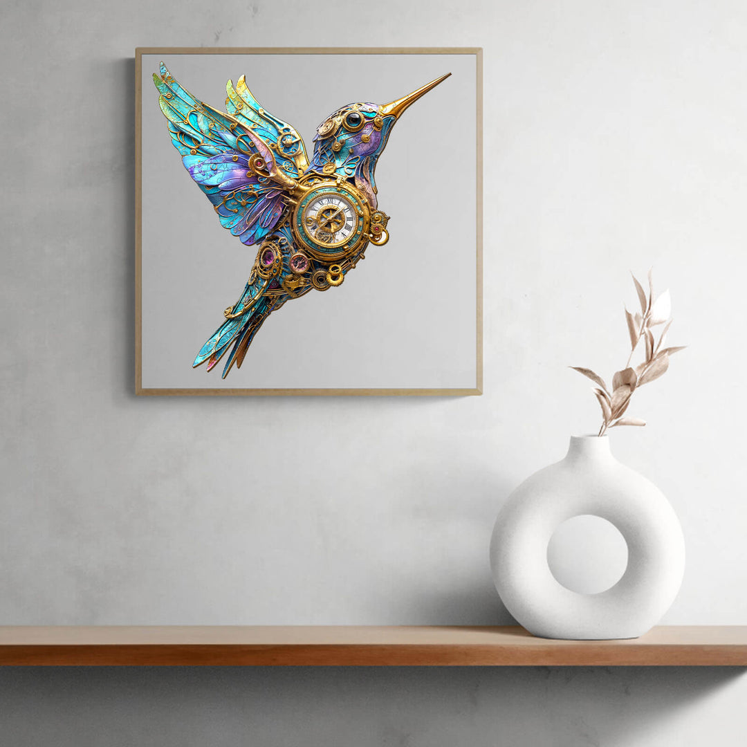 Artistic 3D Mechanical Hummingbird puzzle design with vibrant colors, perfect for jigsaw puzzle enthusiasts.