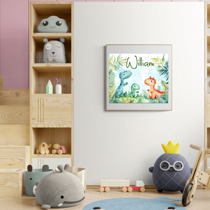 Custom wooden jigsaw puzzle featuring friendly dinosaurs with the name 'William' in a colorful children's room setting.