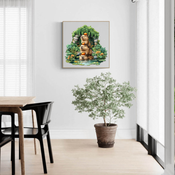 Capybara wooden jigsaw puzzle artwork displayed in a modern living room with natural light and a decorative plant.