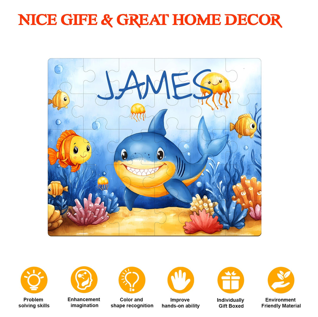 Ocean Friends children's wooden jigsaw puzzle featuring a shark and colorful sea creatures, personalized with the name James.