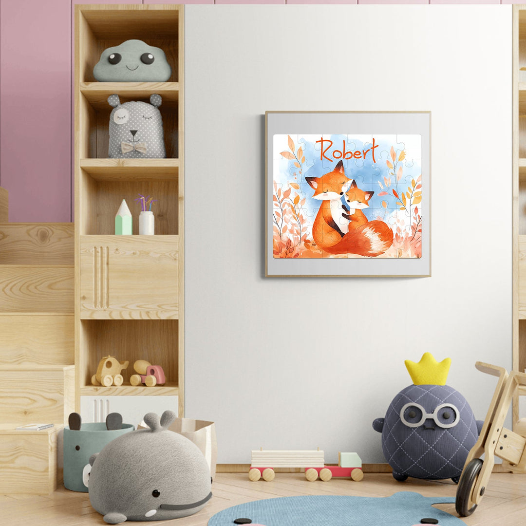 Colorful children's room featuring a framed custom fox puzzle print with the name Robert, surrounded by playful decor.