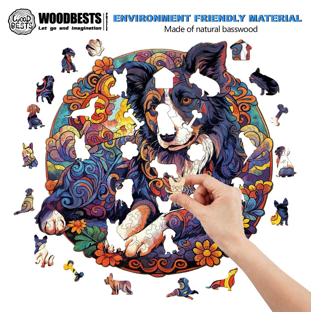 Mandala Border Collie Wooden Jigsaw Puzzle-Woodbests