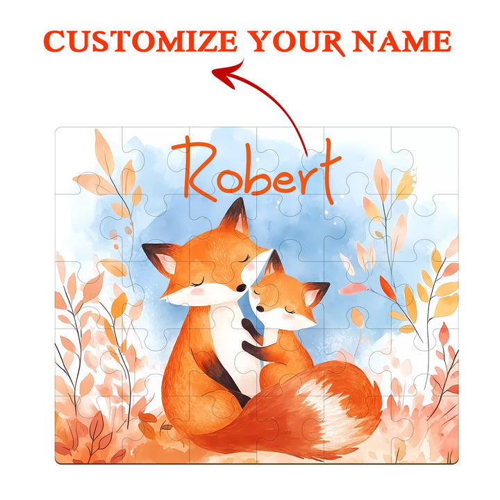 Custom wooden jigsaw puzzle featuring a mother and cub fox with personalized name Robert against an autumn backdrop.