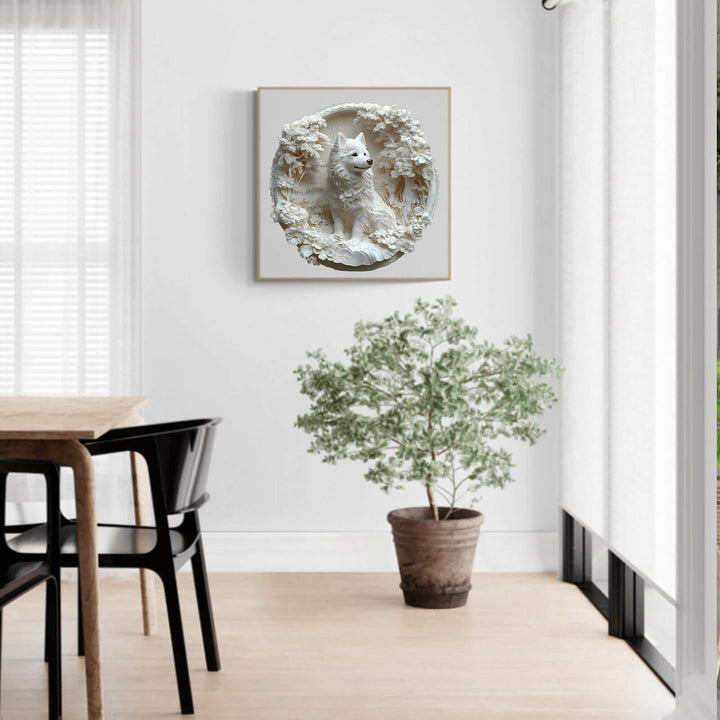 3D Paper Samoyed wooden jigsaw puzzle displayed in a modern room with a plant, promoting focus and creativity.