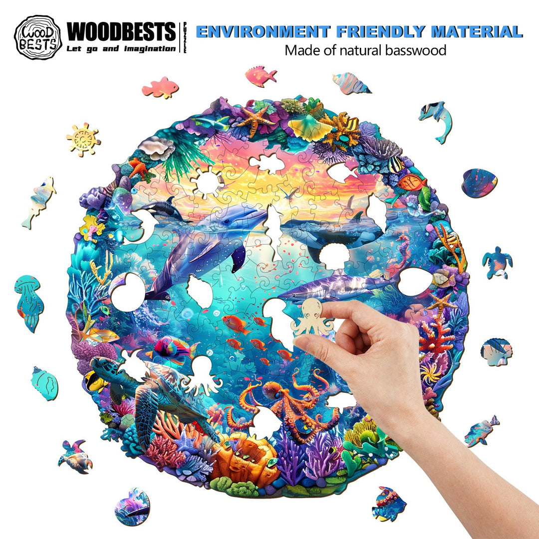 Sea World Wooden Jigsaw Puzzle showcasing vibrant underwater scene, made from eco-friendly basswood, enhancing focus and intelligence.