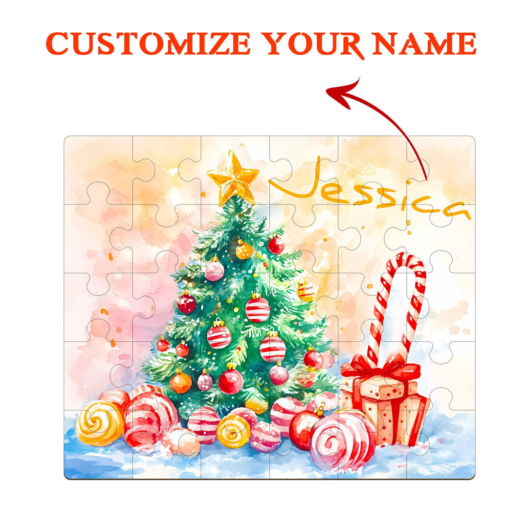 Custom wooden jigsaw puzzle with Christmas tree, candy canes, and child's name 'Jessica' for a festive theme.