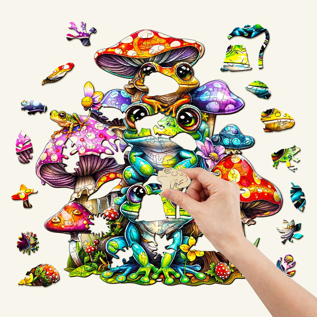 Colorful Frog Family Wooden Jigsaw Puzzle with unique shapes and vibrant designs, showcasing intricate details and seamless fit.