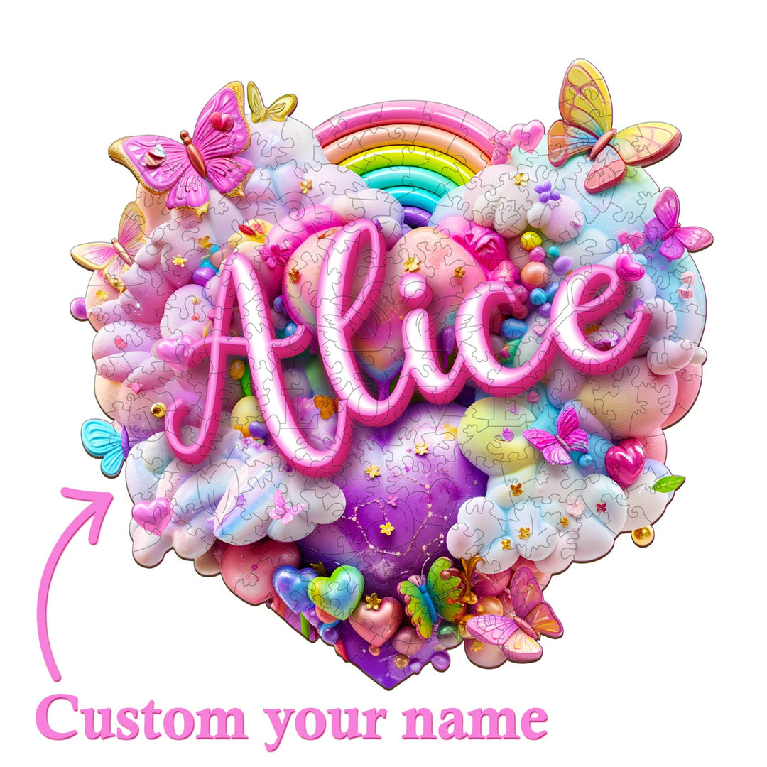 Rainbow Cloud wooden jigsaw puzzle featuring personalized name 'Alice' with colorful butterflies and hearts.