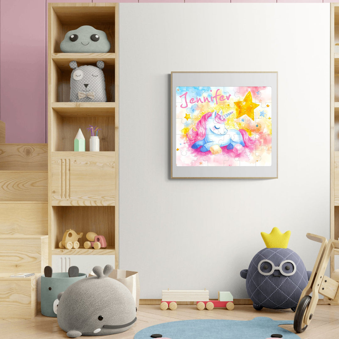 Colorful unicorn wall art with child's name 'Jennifer', set in a playful children's room with toys.