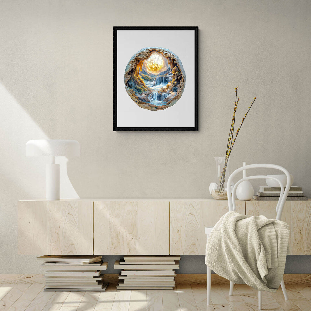 3D Moonlit Wonders wooden jigsaw puzzle artwork displayed in a modern living room setting.