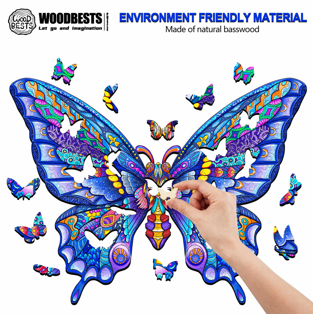 Vibrant butterfly wooden jigsaw puzzle made from eco-friendly basswood, featuring colorful artwork and intricate design.