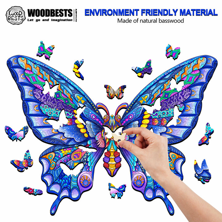 Vibrant butterfly wooden jigsaw puzzle made from eco-friendly basswood, featuring colorful artwork and intricate design.