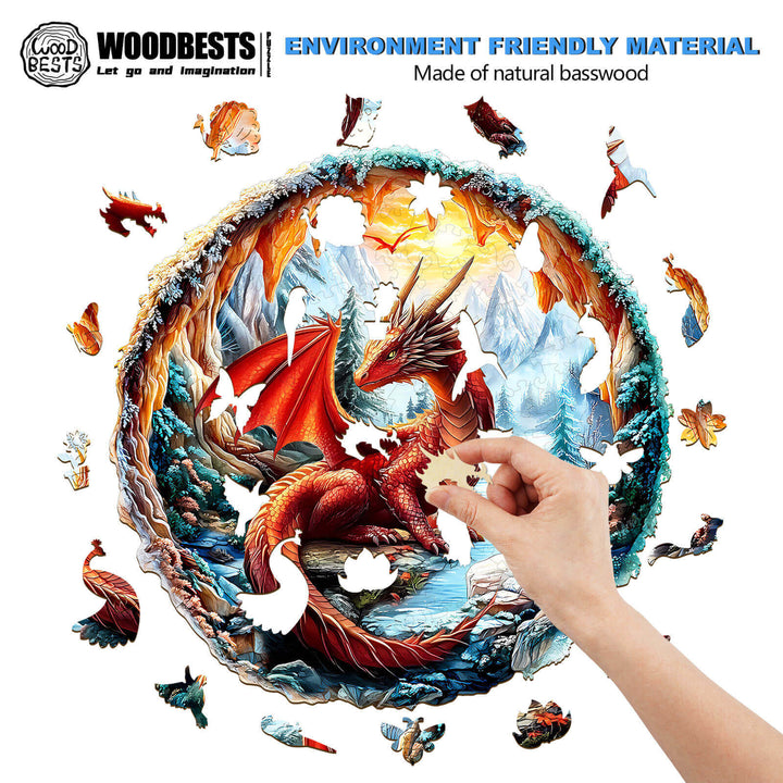 Hands assembling a 3D crimson dragon jigsaw puzzle, showcasing intricate designs and vibrant colors in natural basswood.