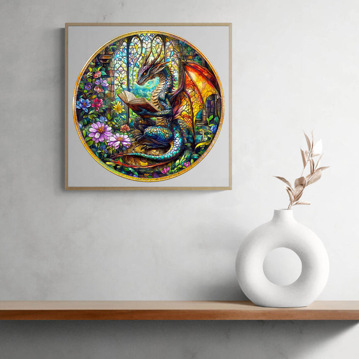 Colorful dragon surrounded by flowers in a stained glass design, perfect for fantasy lovers and collectors.