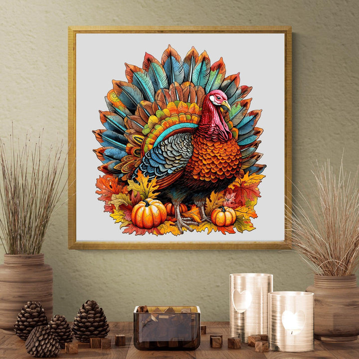Colorful turkey illustration with vibrant feathers and autumn decor, perfect for Thanksgiving-themed decor.