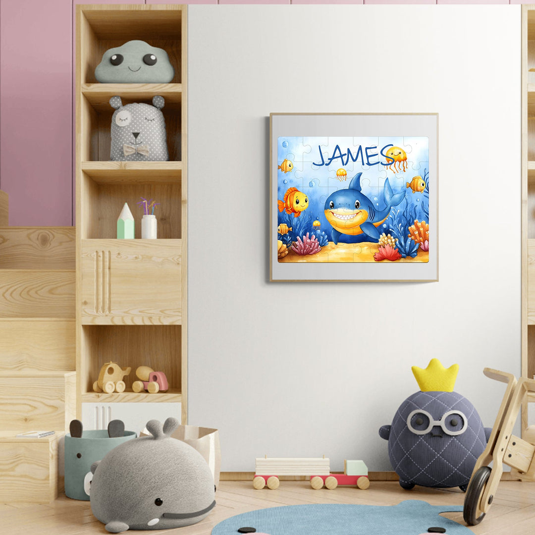 Ocean Friends personalized name wooden jigsaw puzzle featuring a friendly shark and colorful sea creatures.