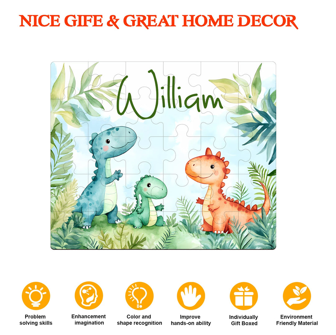 Custom wooden jigsaw puzzle featuring friendly dinosaurs and the name William, promoting problem-solving and creativity.