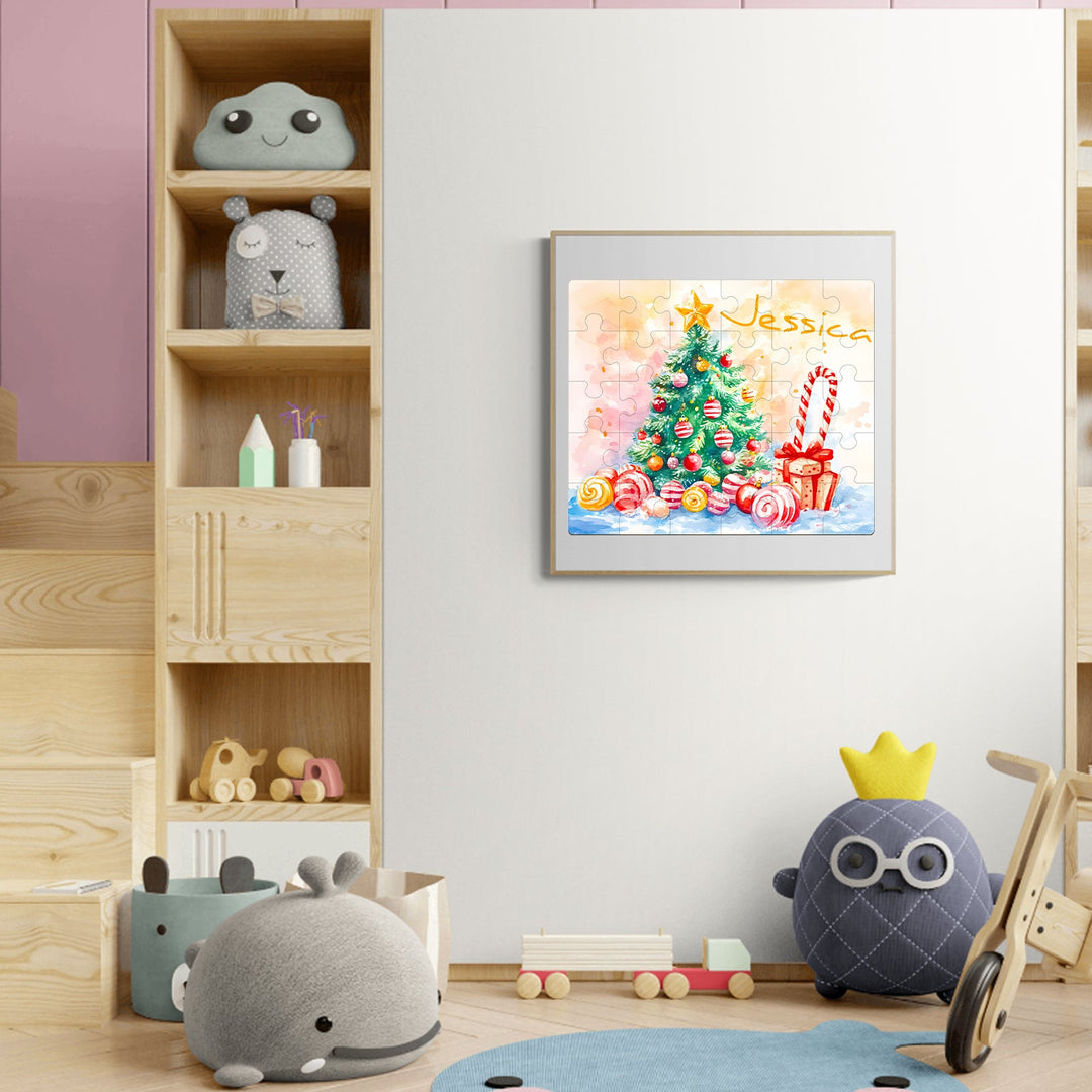 Colorful Christmas tree puzzle personalized for Jessica, displayed in a cozy children's room.
