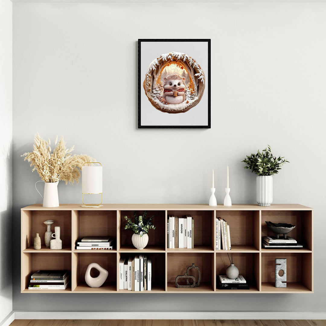 Cozy living room interior featuring a framed artwork, decorative plants, and books on a wooden shelf.