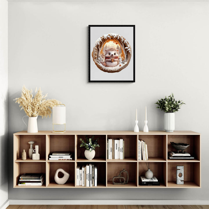 Cozy living room interior featuring a framed artwork, decorative plants, and books on a wooden shelf.