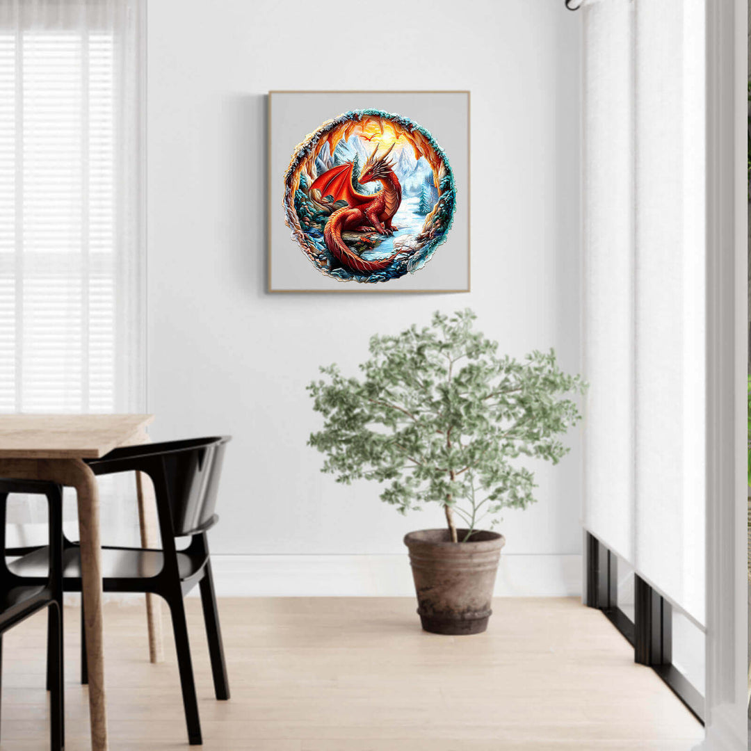 3D Crimson King wooden jigsaw puzzle of a red dragon in a frozen cave, showcasing mythical art and intricate details.