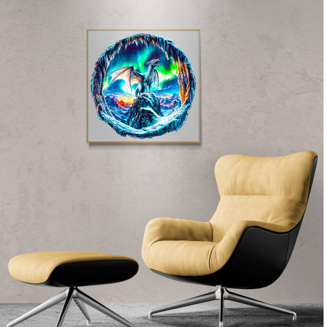3D wooden jigsaw puzzle of frost dragon under aurora borealis, displayed in modern interior setting.