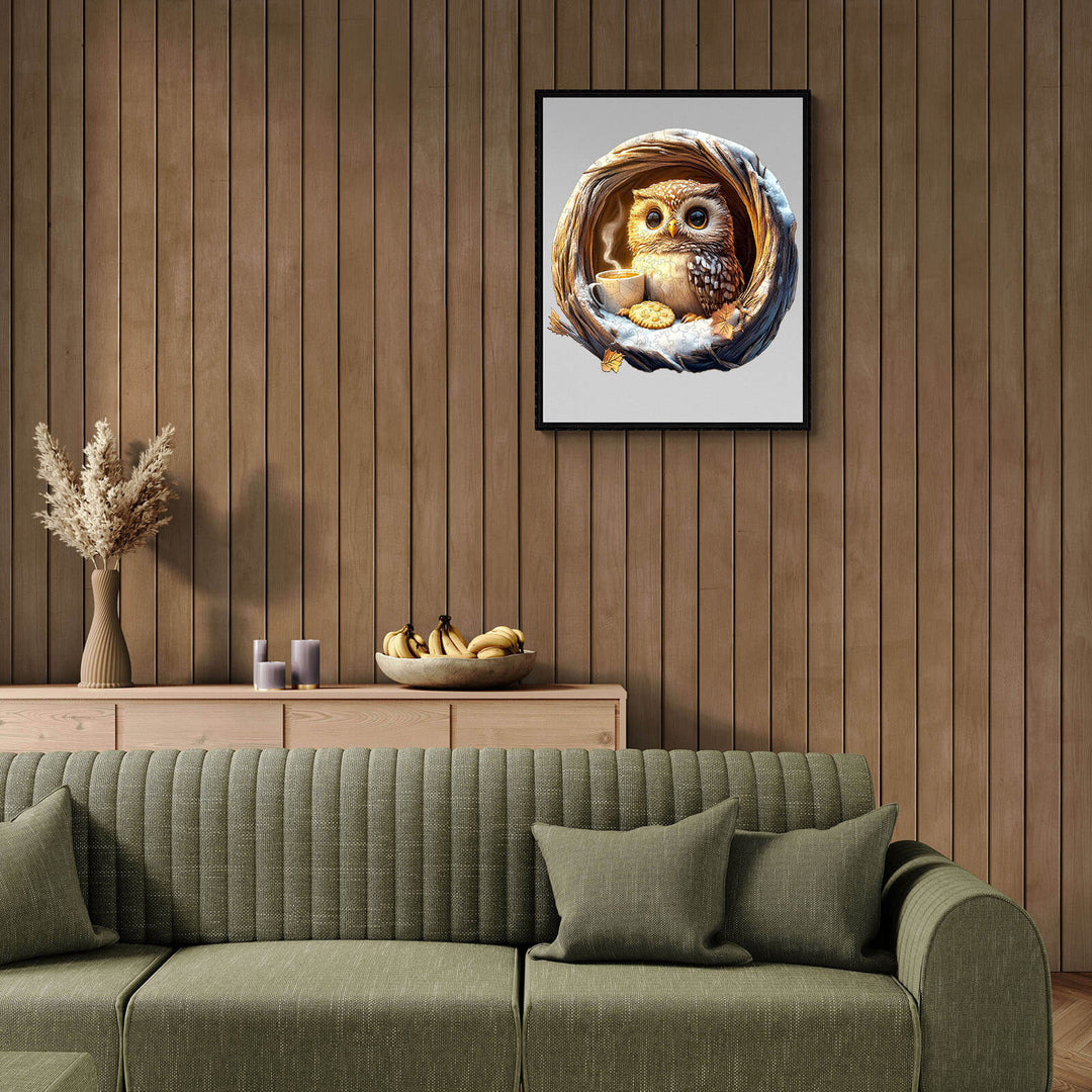 Framed 3D Cave Cute Owl wooden jigsaw puzzle art displayed in a cozy living room with green sofa and decor.