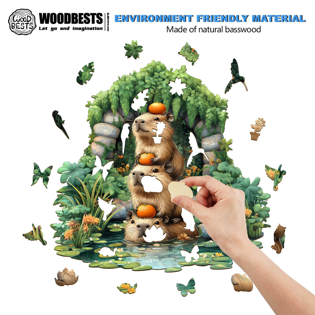 Capybara wooden jigsaw puzzle being assembled, featuring a nature scene with greenery and wildlife, promoting focus and creativity.