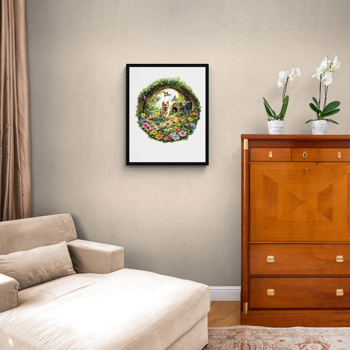 Framed Spring Birds jigsaw puzzle artwork displayed on a wall above a cozy beige armchair in a stylish living room.
