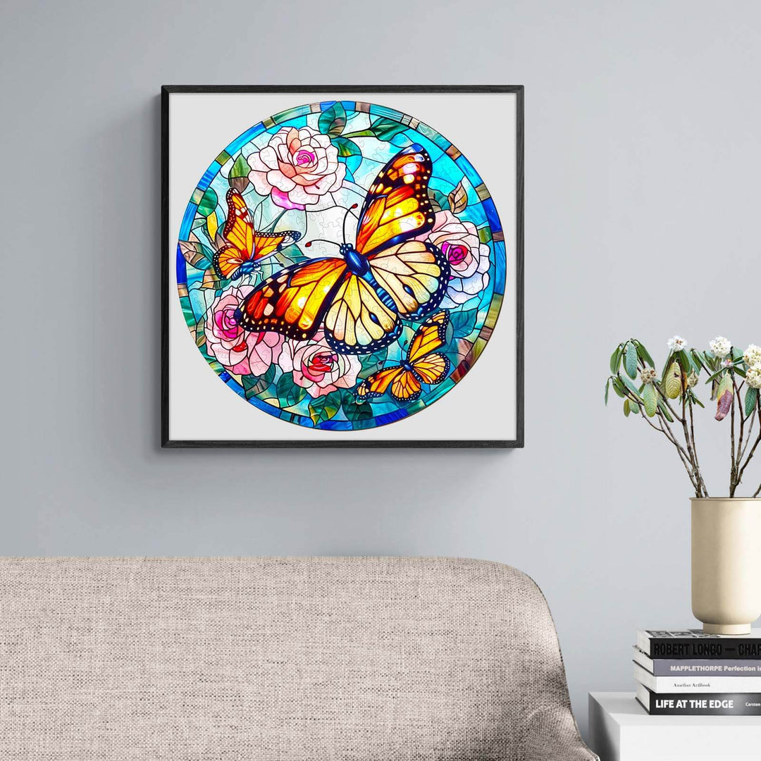Colorful stained glass butterfly artwork surrounded by flowers, perfect for home decor and puzzle enthusiasts.