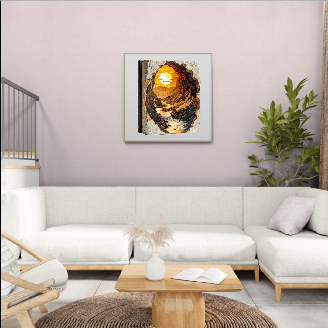 3D Sunset in a Book wooden jigsaw puzzle displayed in a modern living room with cozy furniture.