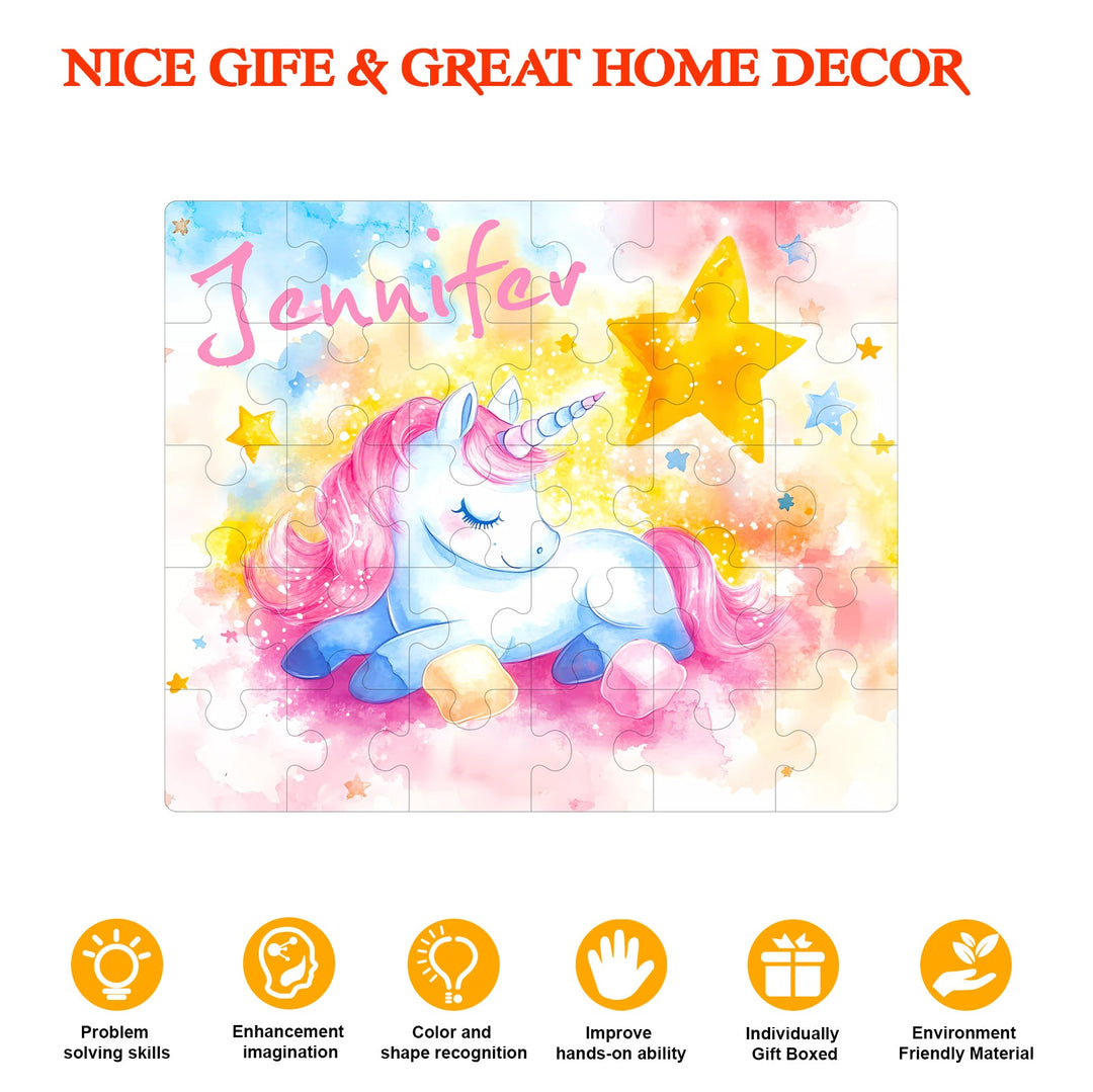 Custom wooden jigsaw puzzle featuring a sleeping unicorn and personalized name, colorful design for children's play.