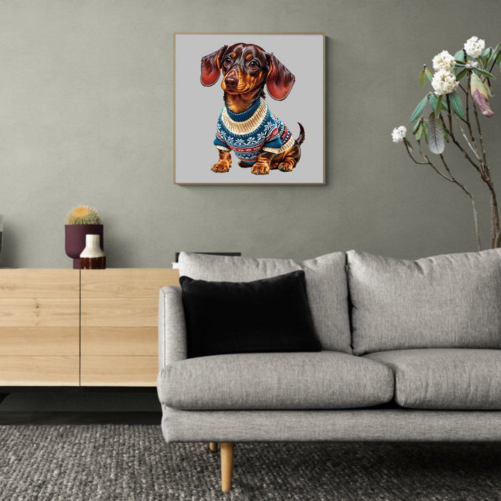 Trendy Dachshund wooden jigsaw puzzle art displayed in a modern living room setting, highlighting the cute dog design.