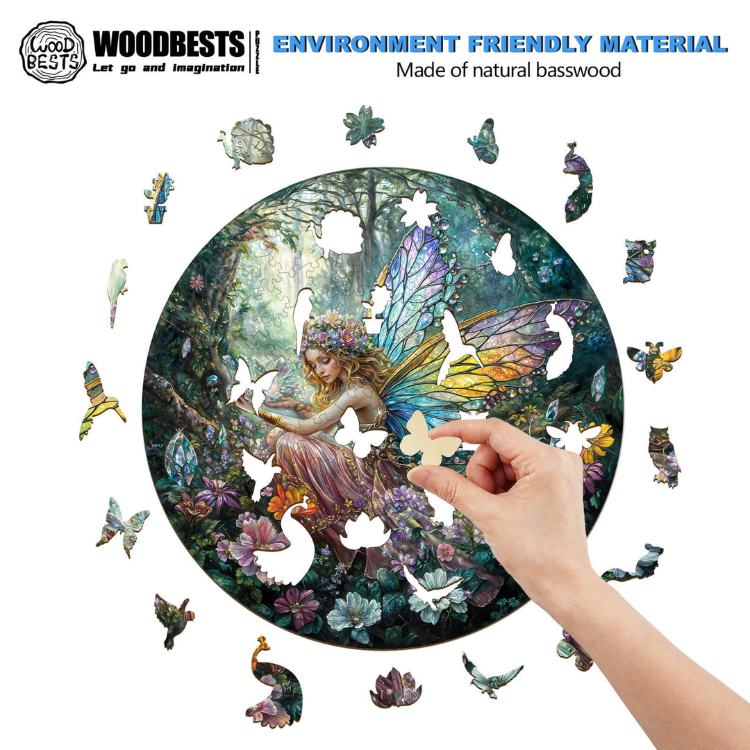 Person placing a piece in a Magic Fairy wooden jigsaw puzzle made from natural basswood, promoting focus and creativity.