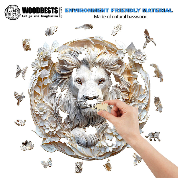 3D wooden lion jigsaw puzzle with floral design and butterflies, showcasing paper-textured details and environmentally friendly materials.
