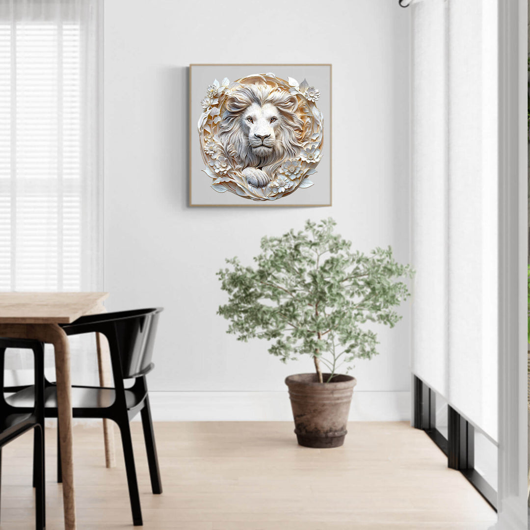 3D Paper Lion wooden jigsaw puzzle displayed as modern home decor in bright interior with plants.