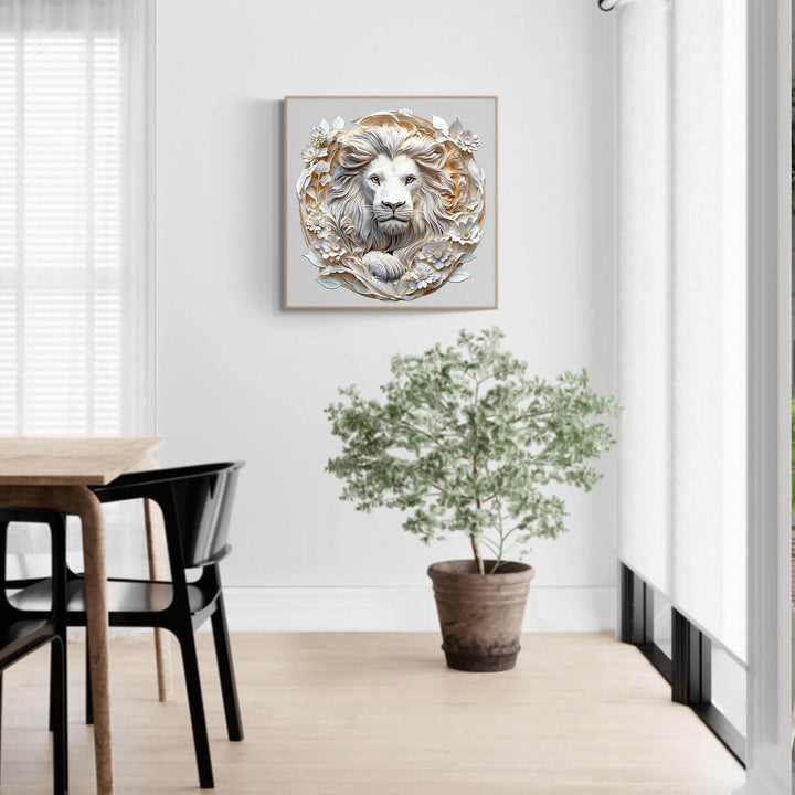 3D Paper Lion wooden jigsaw puzzle displayed as modern home decor in bright interior with plants.