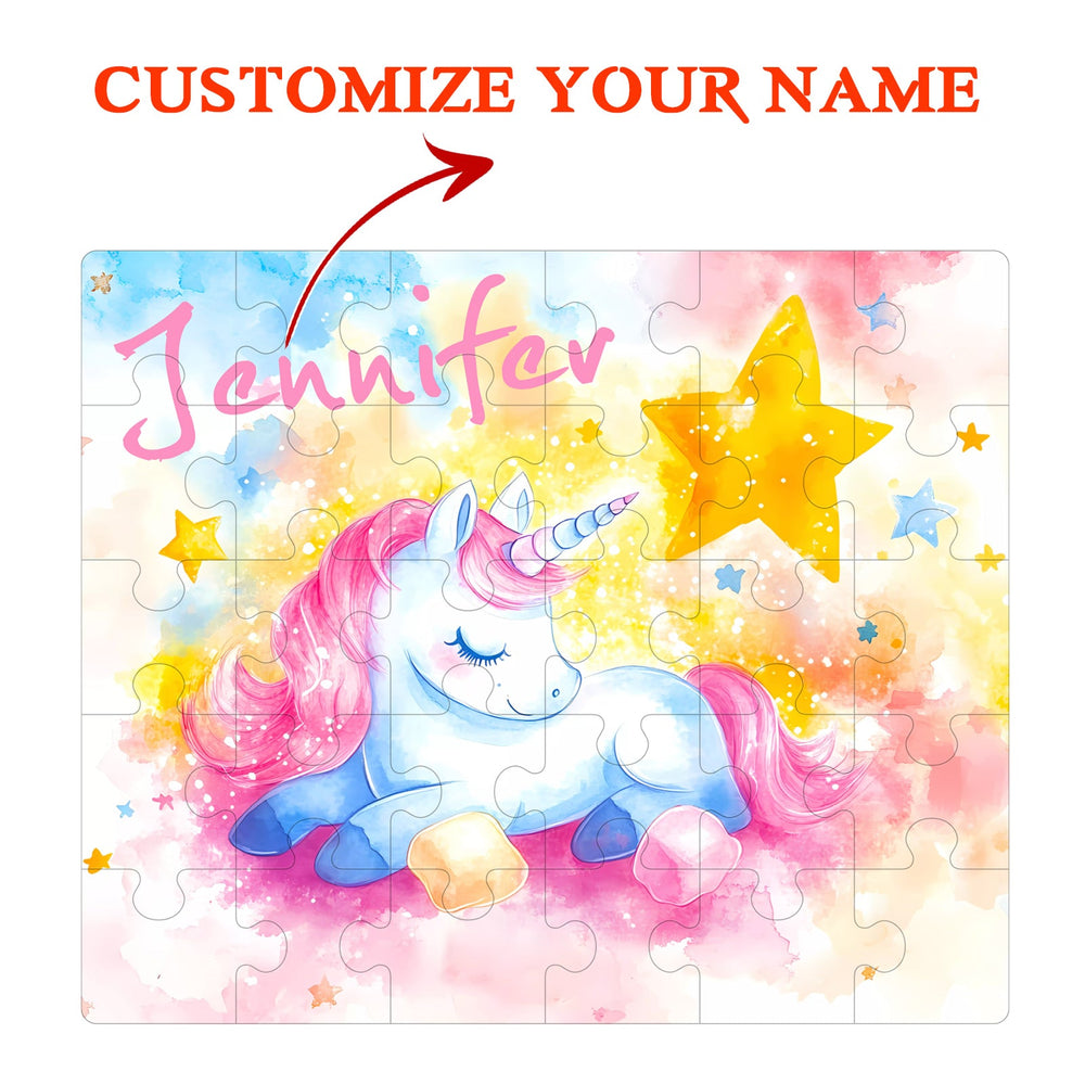 Sleeping Unicorn jigsaw puzzle with customizable name, colorful illustration, perfect for children's playtime.