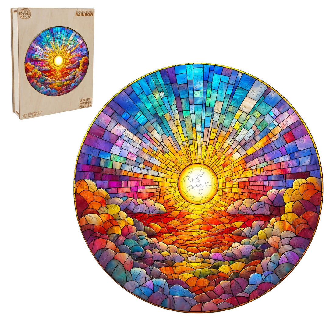 Stained Glass Rainbow Wooden Jigsaw Puzzle showcasing vibrant colors and intricate design for mind-enhancing fun.