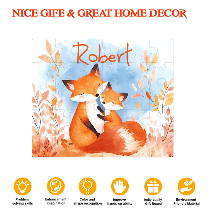 Personalized Fox Family wooden jigsaw puzzle featuring a mother fox and cub, perfect for children's fun and home decor.
