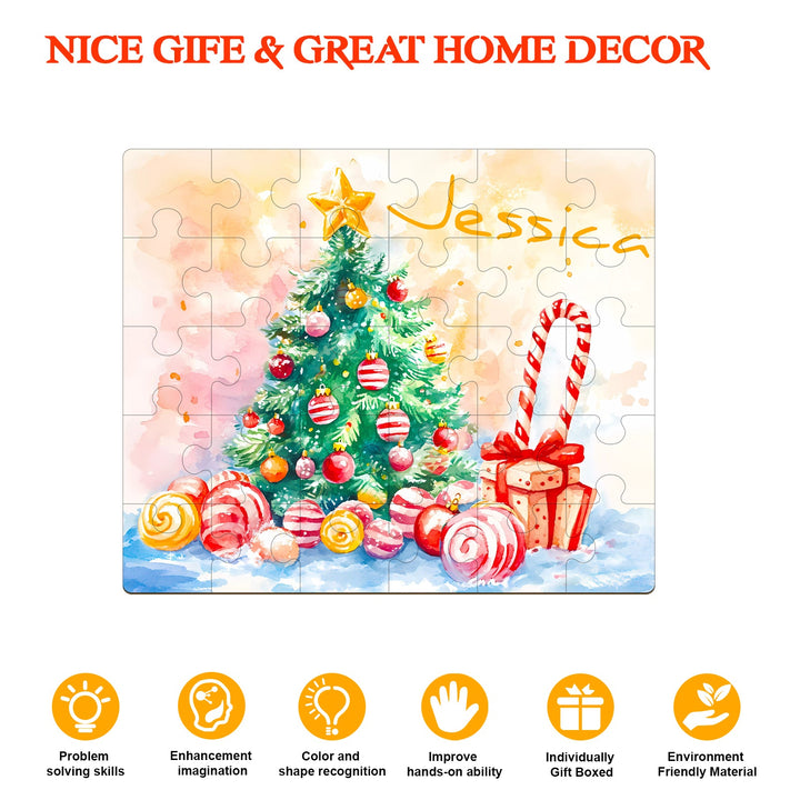 Custom wooden jigsaw puzzle with Christmas tree and candy canes, personalized for children, perfect holiday decor.