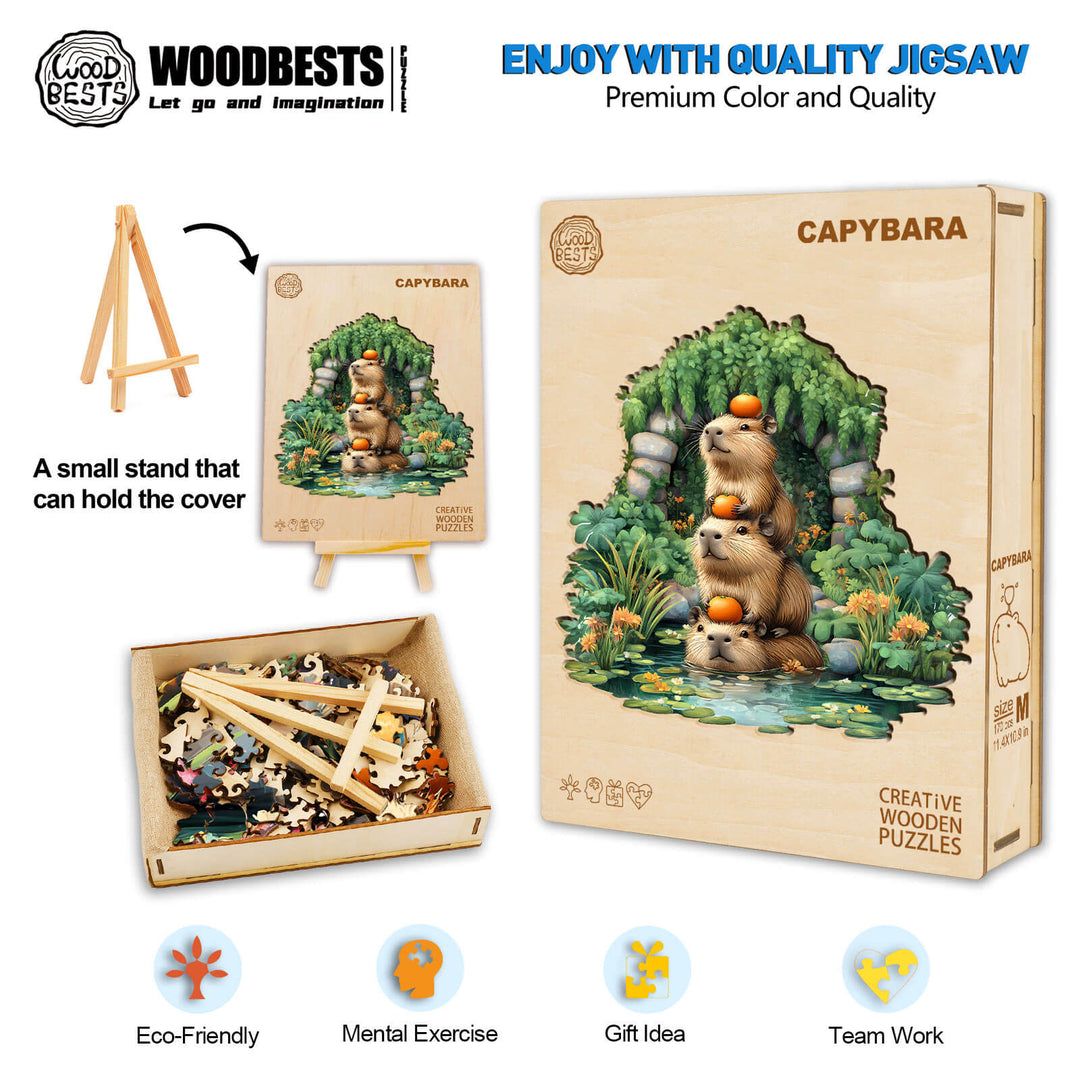 Capybara wooden jigsaw puzzle in eco-friendly box, promoting mental exercise and teamwork with vibrant colors.