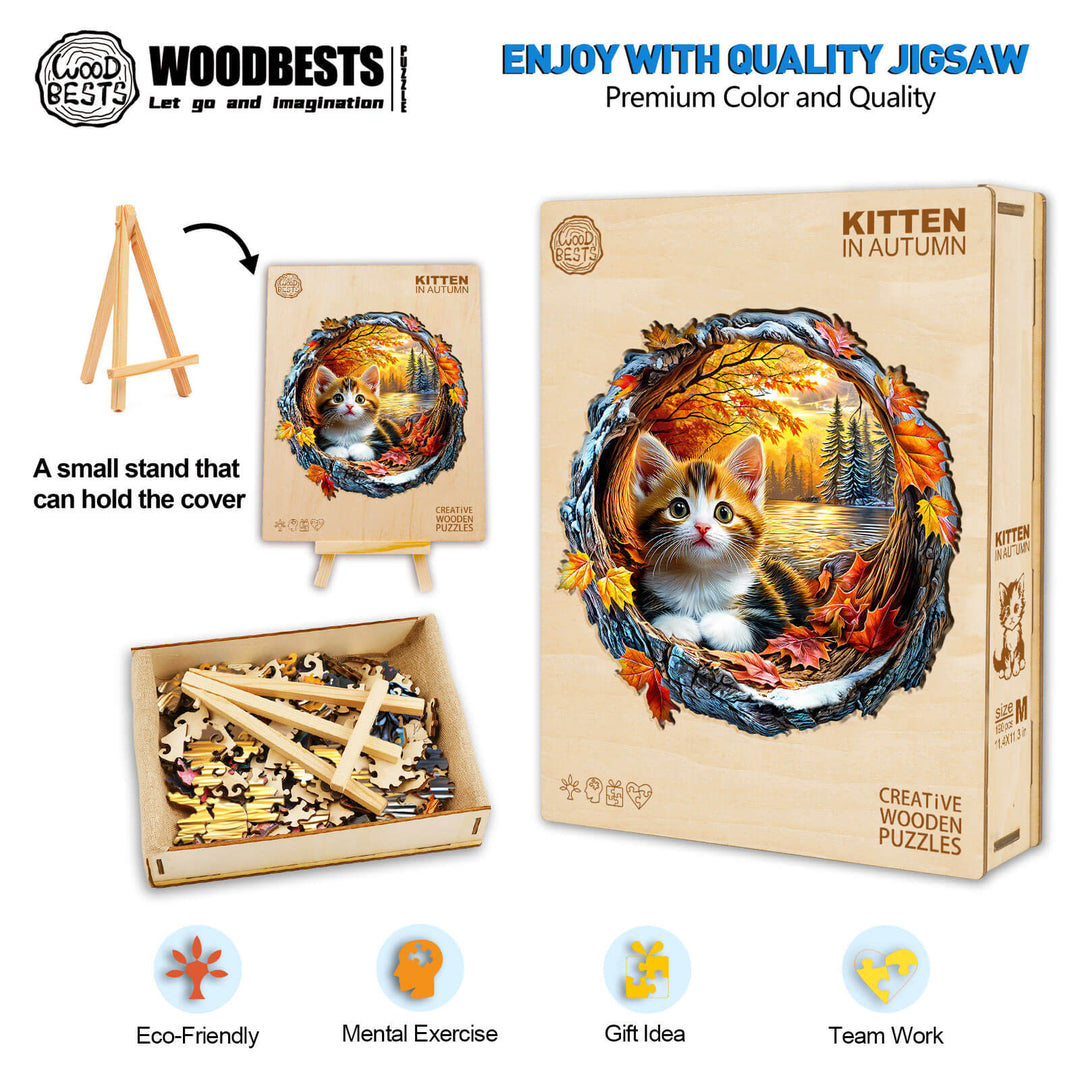 3D Kitten in Autumn wooden jigsaw puzzle with eco-friendly pieces, perfect for mental exercise and teamwork.