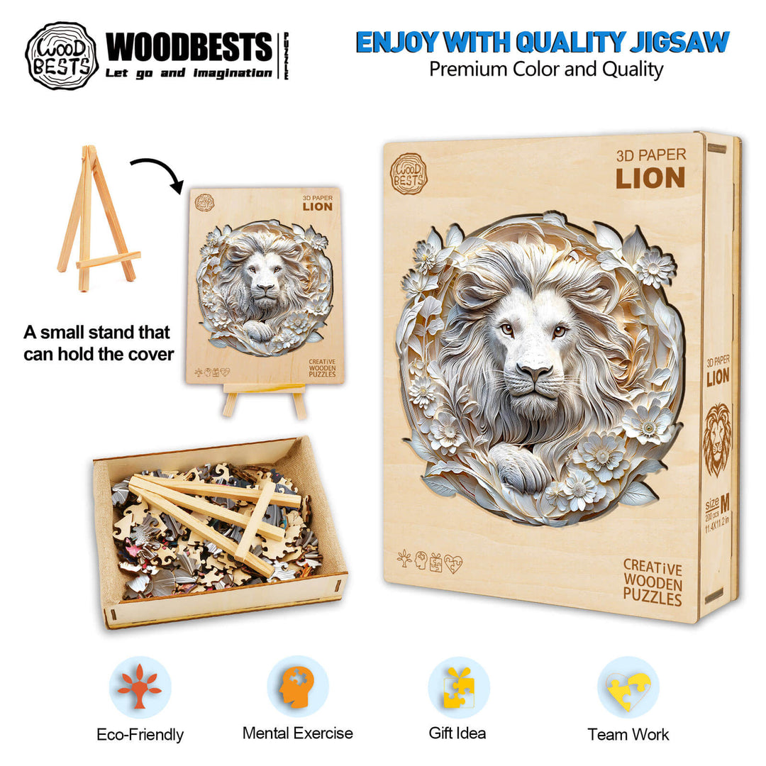 3D Paper Lion wooden jigsaw puzzle with colorful pieces and a display stand, showcasing creative design and quality craftsmanship.
