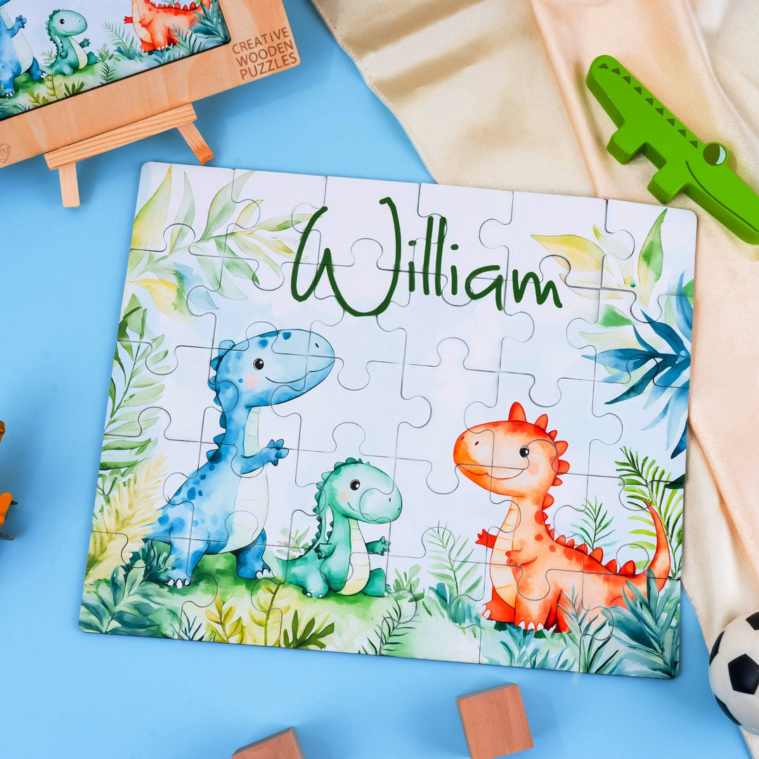 Personalized wooden jigsaw puzzle with dinosaurs and the name William, set in a vibrant prehistoric scene.