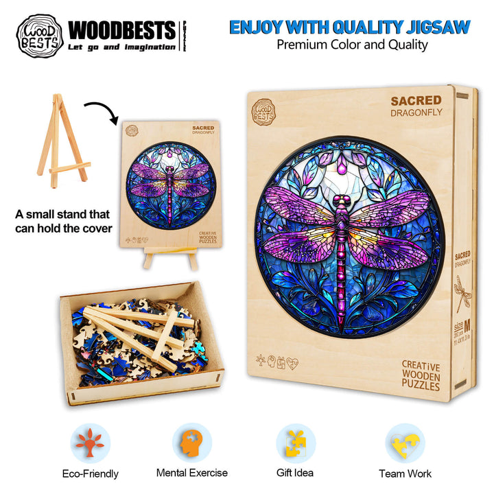Sacred Dragonfly Wooden Jigsaw Puzzle box and pieces, promoting focus and teamwork. Eco-friendly mental exercise gift idea.