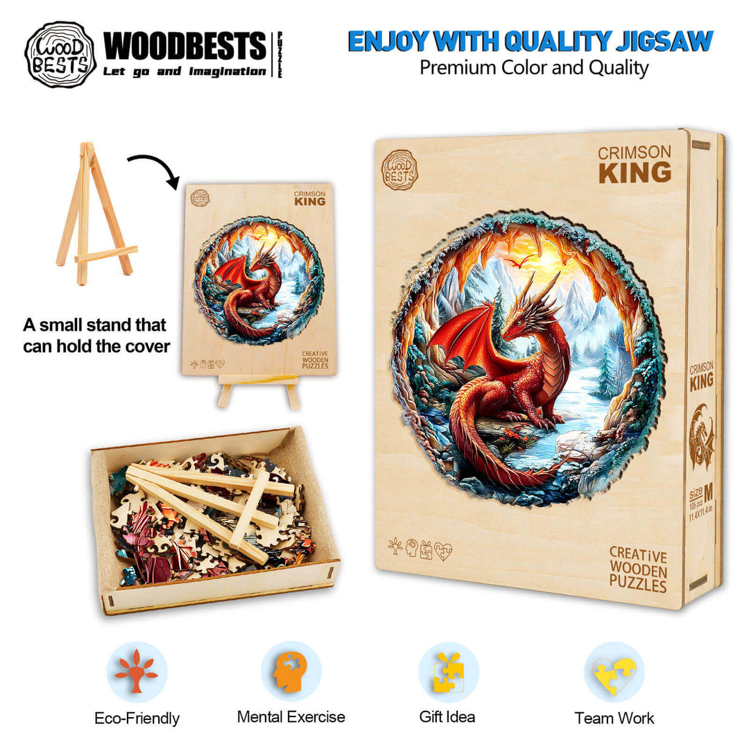 3D Crimson King wooden jigsaw puzzle with dragon design, eco-friendly box, and small easel stand.