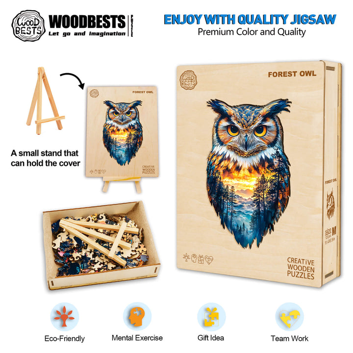 Forest Owl wooden jigsaw puzzle featuring vibrant colors, eco-friendly packaging, and a stand for display. Perfect for mental exercise.