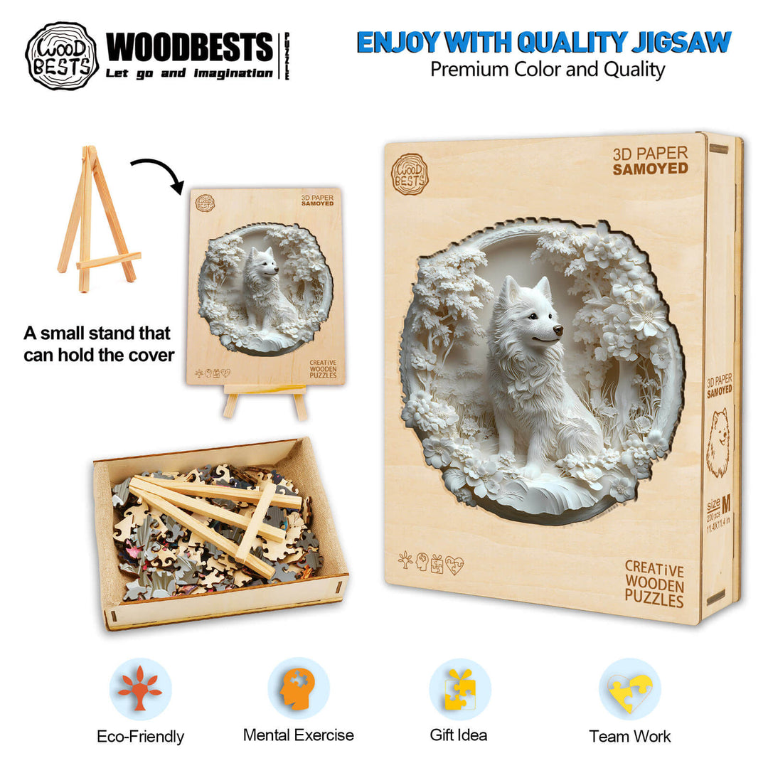3D Paper Samoyed Wooden Jigsaw Puzzle with box, pieces, and stand promoting eco-friendly mental exercises.