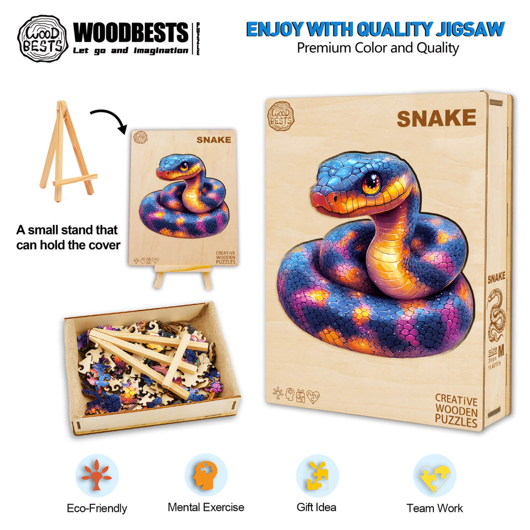 Colorful Snake Wooden Jigsaw Puzzle for mental exercise and teamwork, eco-friendly and perfect as a gift idea.